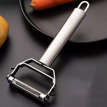 2 in 1 Stainless Steel Julienne Vegetable Peeler | Multi-Functional Fruit & Veggie Slicer, Grater & Shredder | Sharp Potato, Carrot, Cucumber Peeler for Kitchen | Durable Silver Peeling Tool