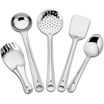 5 Pieces Stainless Steel Kitchen Tools Set for Cooking & Serving | Kitchen Utensils Pack of 5 – Ladle (Karchhi), Skimmer (Jhara), Turner/Spatula (Palta), Basting Spoon & Rice Spoon – Silver