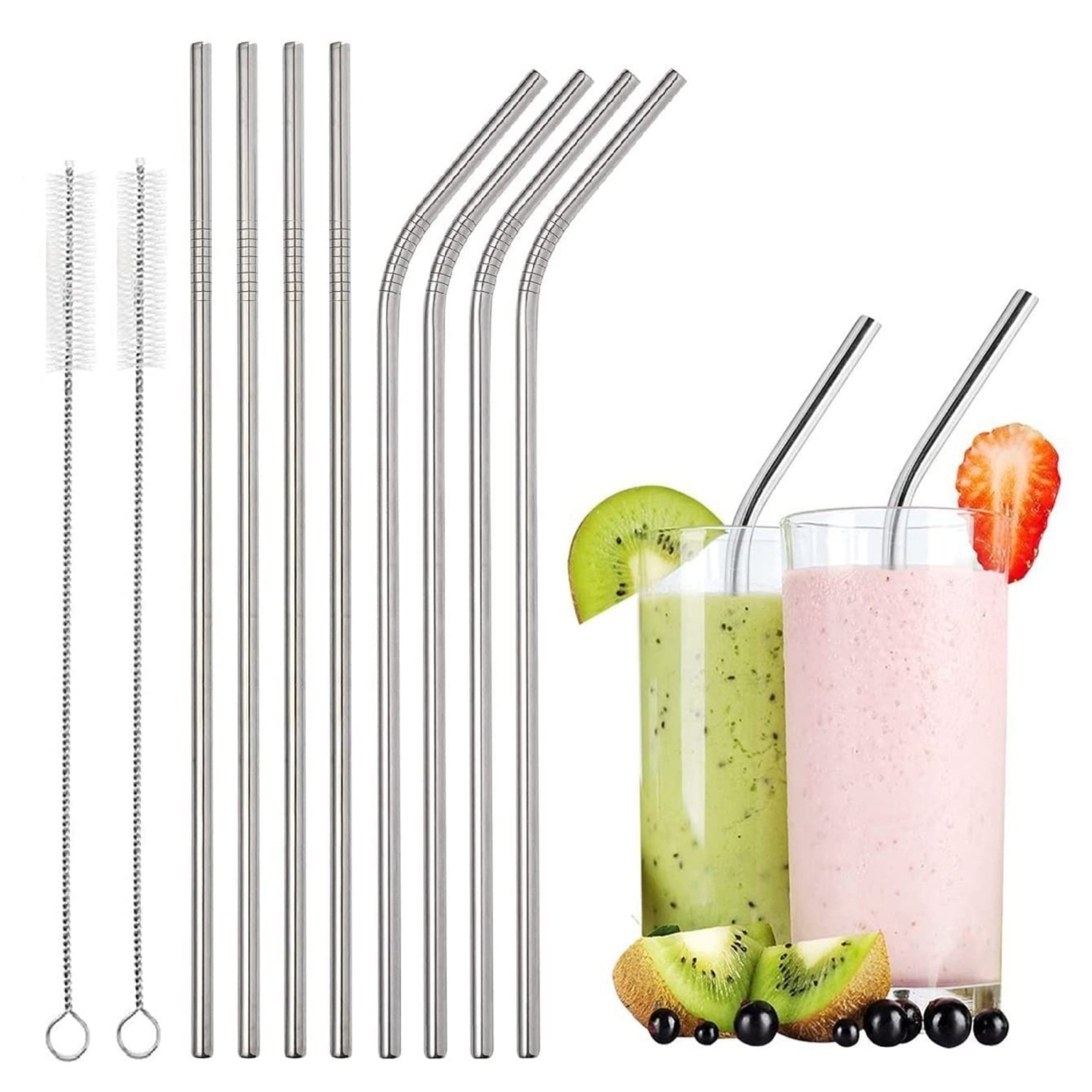 Reusable Stainless Steel Straws for Drinking | BPA-Free Metal Straws 8.5 Inch | 4 Bent + 4 Straight + 2 Brush  – Pack of 10