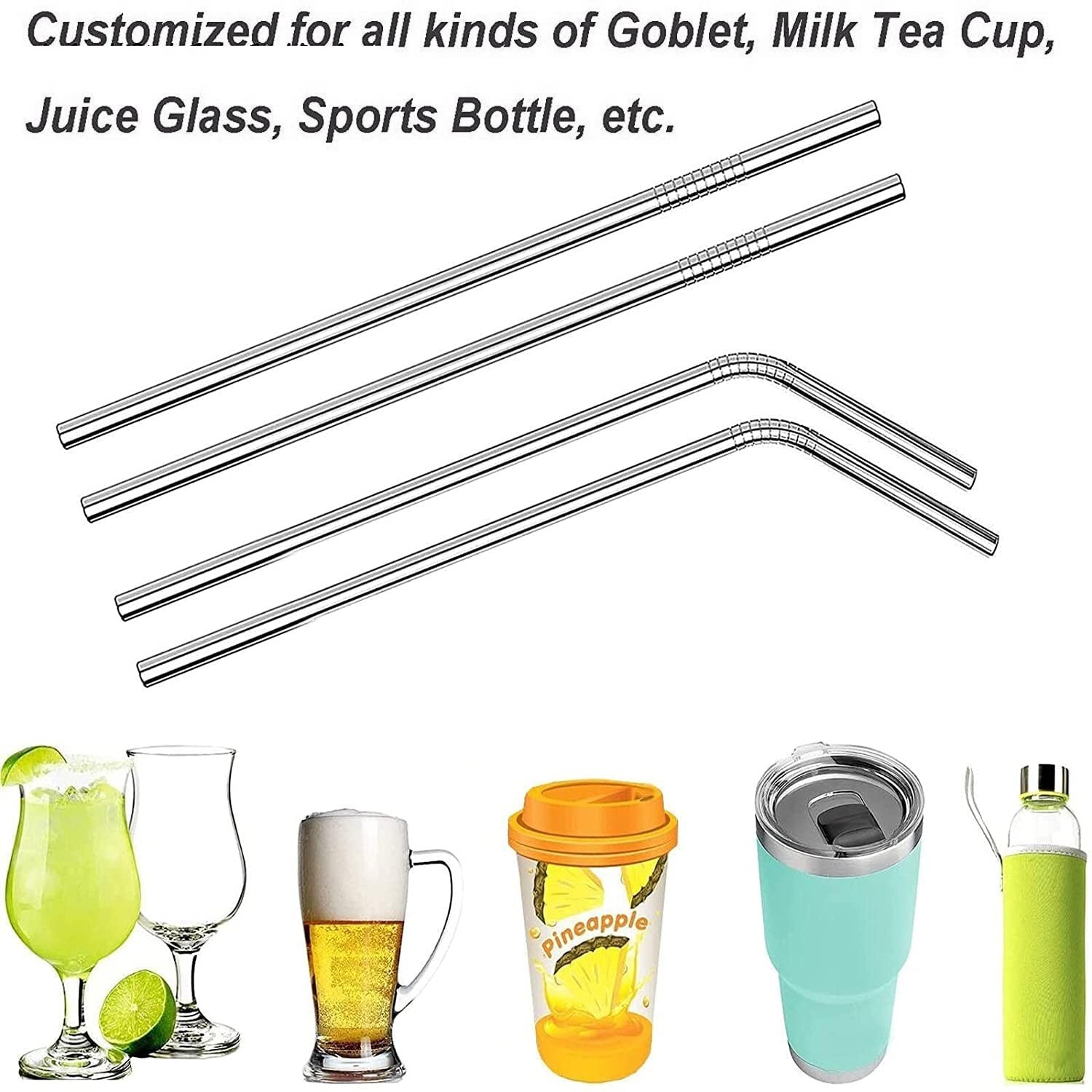 Reusable Stainless Steel Straws for Drinking | BPA-Free Metal Straws 8.5 Inch | 2 Bent + 2 Straight + 1 Brush Pack of 5