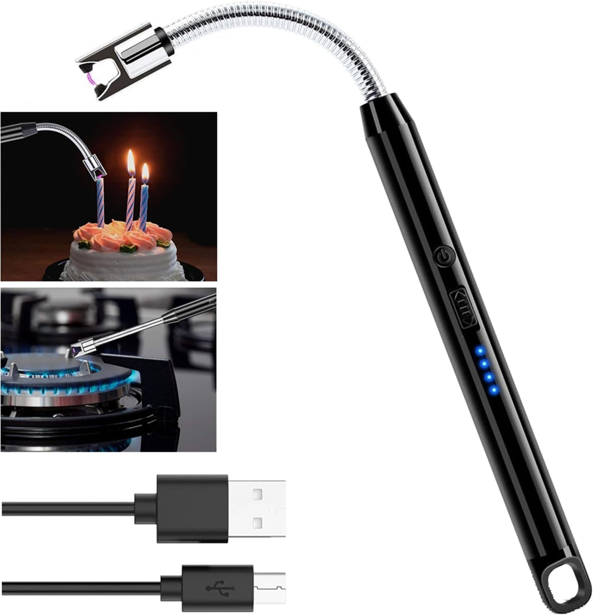 Rechargeable Electric Gas Lighter for Kitchen | Multipurpose USB C-Type Lighter for Gas Stove, Candles & Pooja | 360° Flexible, Windproof & Flameless Kitchen Tool | 1 Year Warranty – Black