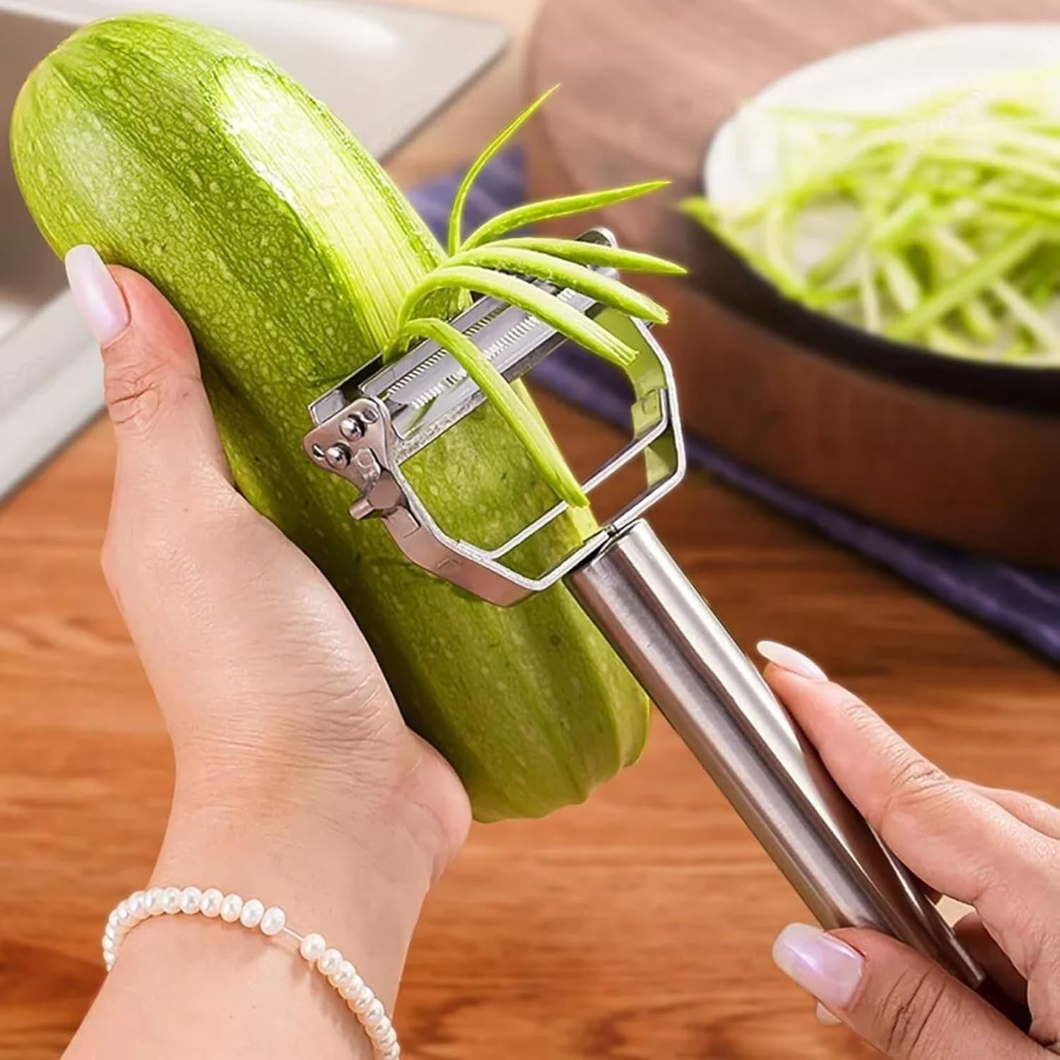 2 in 1 Stainless Steel Julienne Vegetable Peeler | Multi-Functional Fruit & Veggie Slicer, Grater & Shredder | Sharp Potato, Carrot, Cucumber Peeler for Kitchen | Durable Silver Peeling Tool