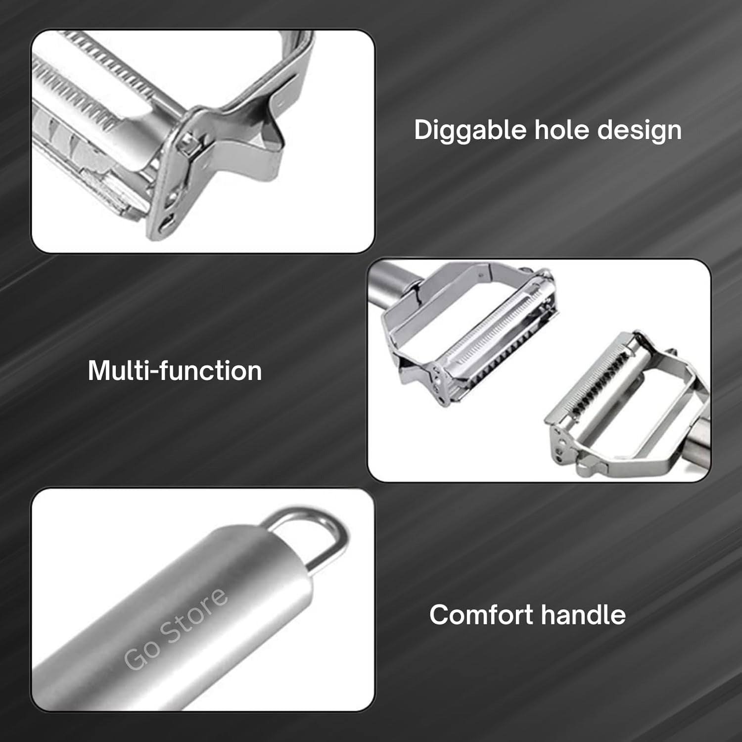 2 in 1 Stainless Steel Julienne Vegetable Peeler | Multi-Functional Fruit & Veggie Slicer, Grater & Shredder | Sharp Potato, Carrot, Cucumber Peeler for Kitchen | Durable Silver Peeling Tool