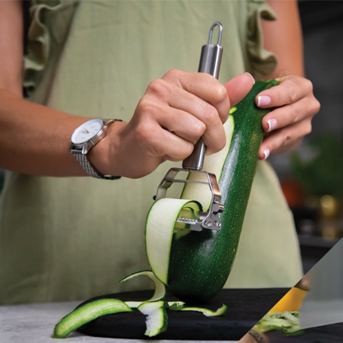 2 in 1 Stainless Steel Julienne Vegetable Peeler | Multi-Functional Fruit & Veggie Slicer, Grater & Shredder | Sharp Potato, Carrot, Cucumber Peeler for Kitchen | Durable Silver Peeling Tool