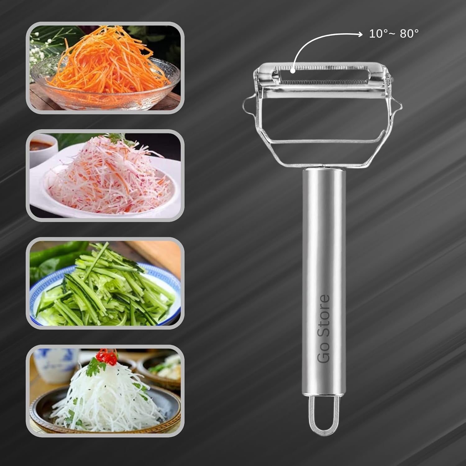 2 in 1 Stainless Steel Julienne Vegetable Peeler | Multi-Functional Fruit & Veggie Slicer, Grater & Shredder | Sharp Potato, Carrot, Cucumber Peeler for Kitchen | Durable Silver Peeling Tool