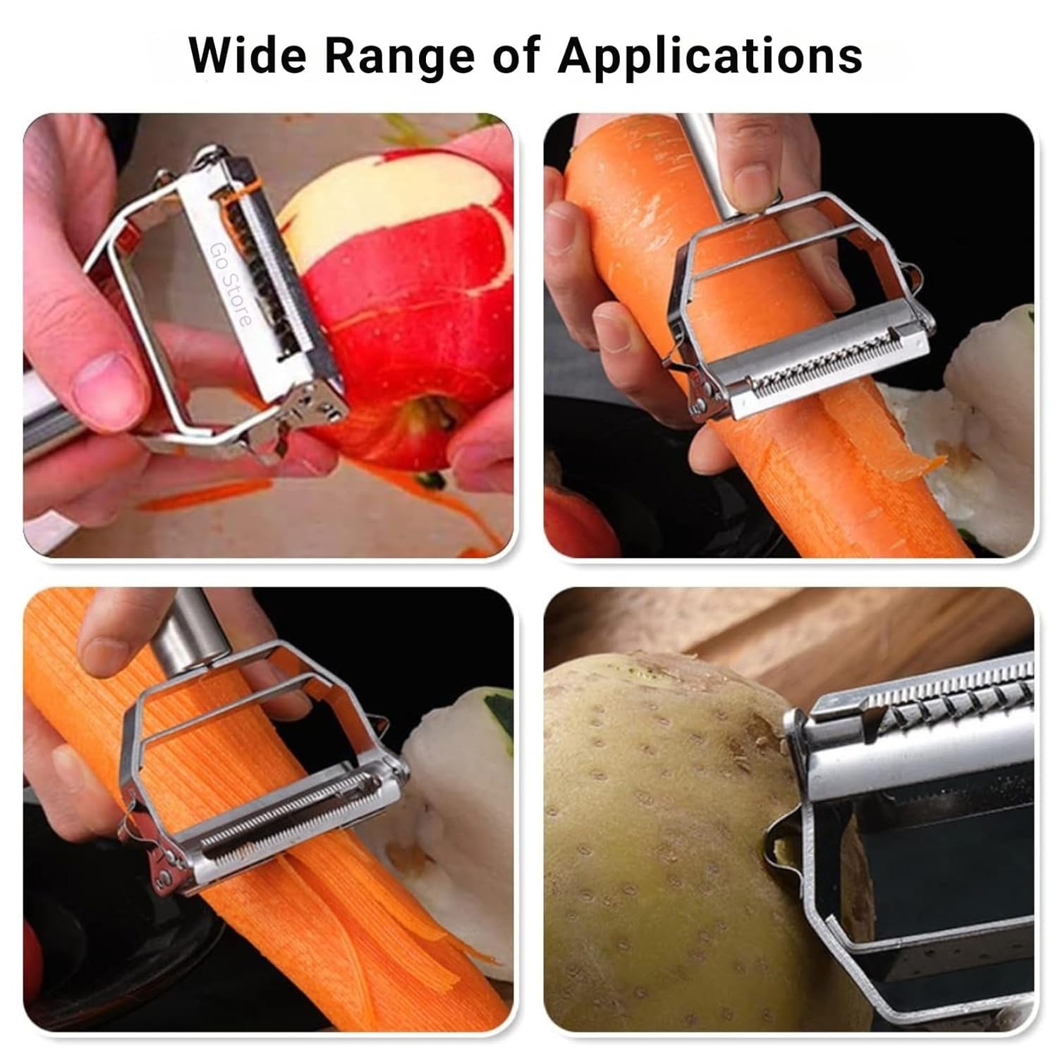 2 in 1 Stainless Steel Julienne Vegetable Peeler | Multi-Functional Fruit & Veggie Slicer, Grater & Shredder | Sharp Potato, Carrot, Cucumber Peeler for Kitchen | Durable Silver Peeling Tool