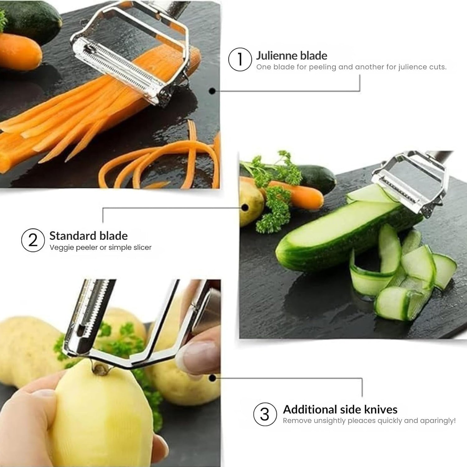 2 in 1 Stainless Steel Julienne Vegetable Peeler | Multi-Functional Fruit & Veggie Slicer, Grater & Shredder | Sharp Potato, Carrot, Cucumber Peeler for Kitchen | Durable Silver Peeling Tool