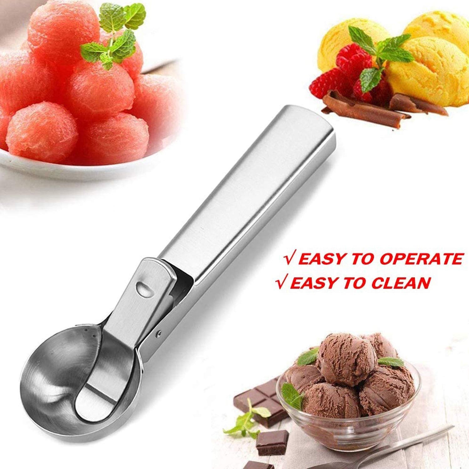 Stainless Steel Ice Cream Scoop with Spring Trigger Release | Heavy Duty Silver Ice Cream Spoon for Kitchen, Fruit, Cookie Dough, Melon Baller, Dessert & Baking Tools | Durable & Rustproof