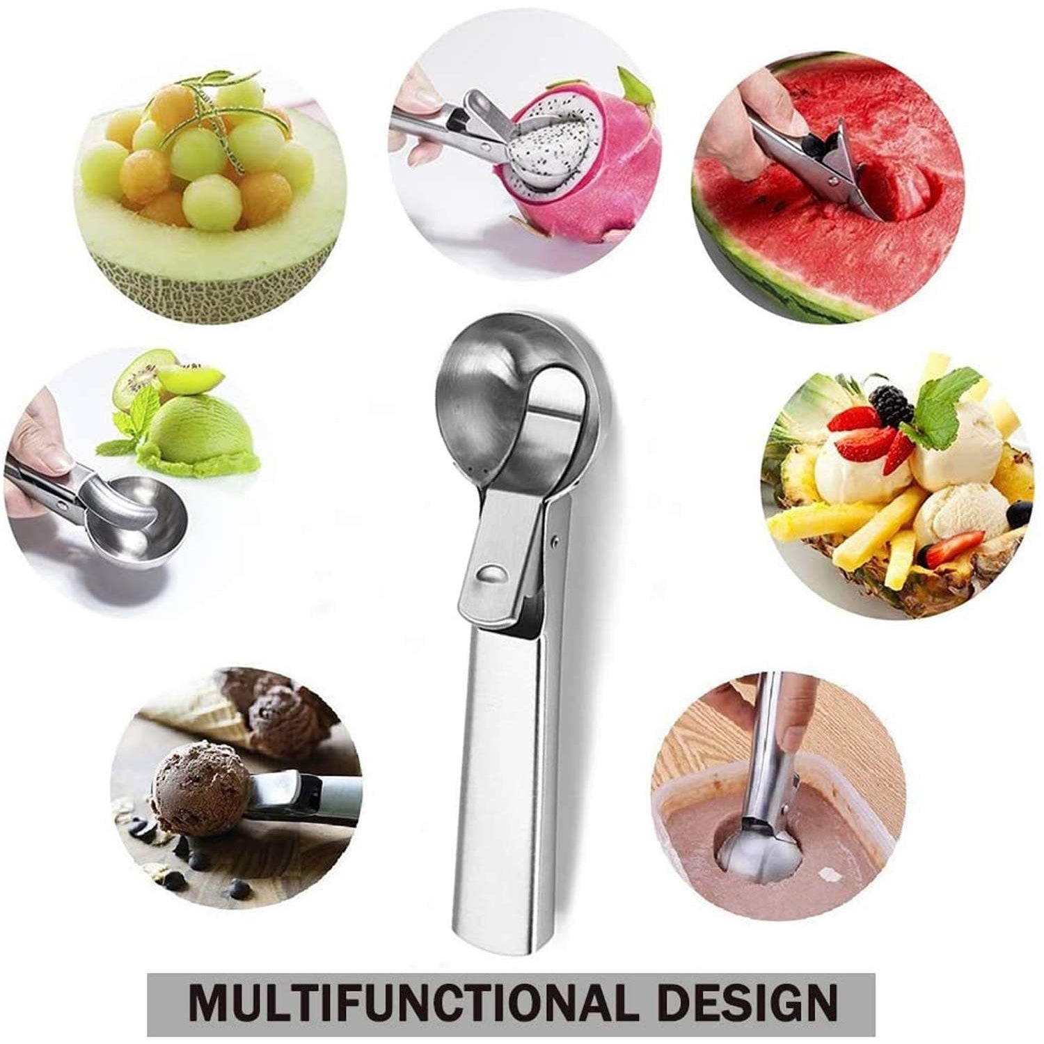 Stainless Steel Ice Cream Scoop with Spring Trigger Release | Heavy Duty Silver Ice Cream Spoon for Kitchen, Fruit, Cookie Dough, Melon Baller, Dessert & Baking Tools | Durable & Rustproof