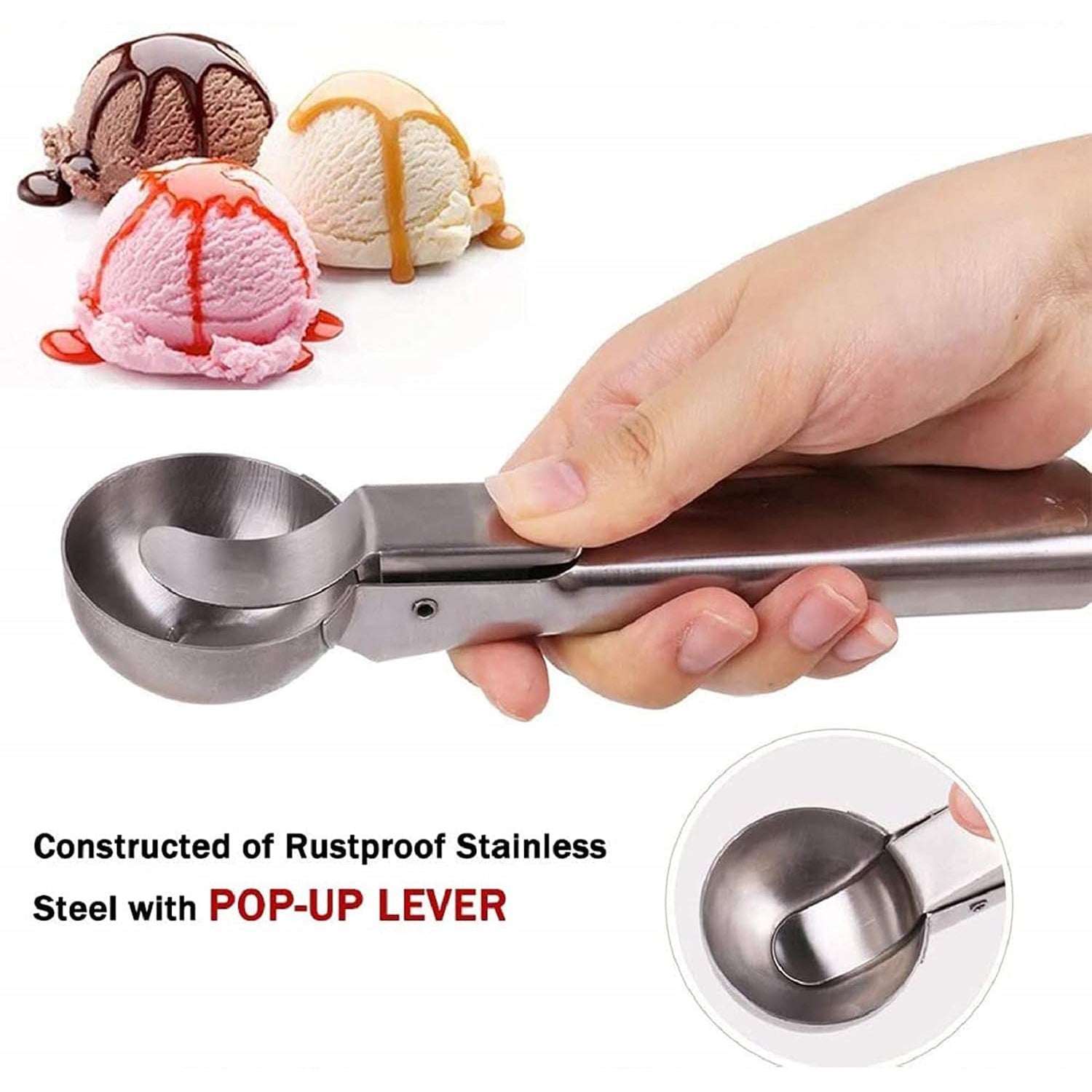 Stainless Steel Ice Cream Scoop with Spring Trigger Release | Heavy Duty Silver Ice Cream Spoon for Kitchen, Fruit, Cookie Dough, Melon Baller, Dessert & Baking Tools | Durable & Rustproof