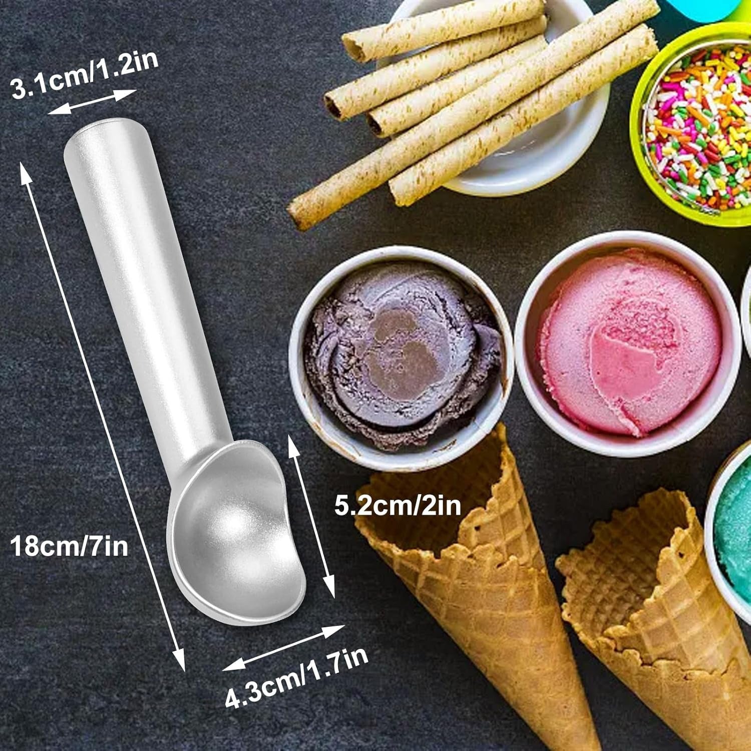 Ice Cream Scoop 7 Inch Nonstick Aluminium Scooper Spoon | Heavy Duty Anti-Freeze Ice Cream Scooper for Kitchen | One Piece Durable Design | Easy to Clean | Gelato, Sorbet, Cookie Dough Spoon (Silver)