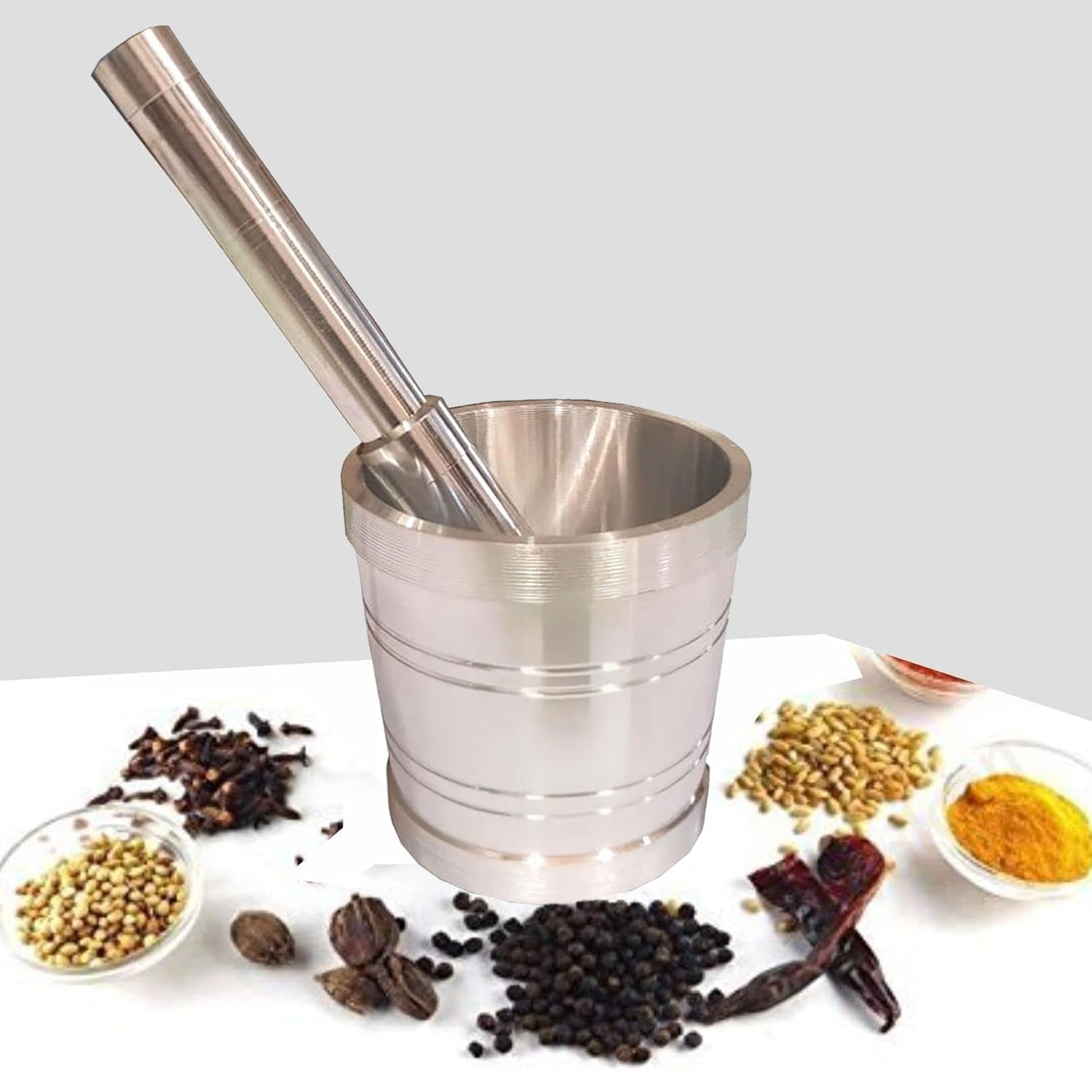 Kitchen Khalbatta Okhli Masher | Aluminium Mortar and Pestle Set | Heavy Duty Khal Batta Imam Dasta | Traditional Okhli Musal Khallad | Spice Grinder & Masher for Kitchen Herbs Masala & Ayurvedic Use