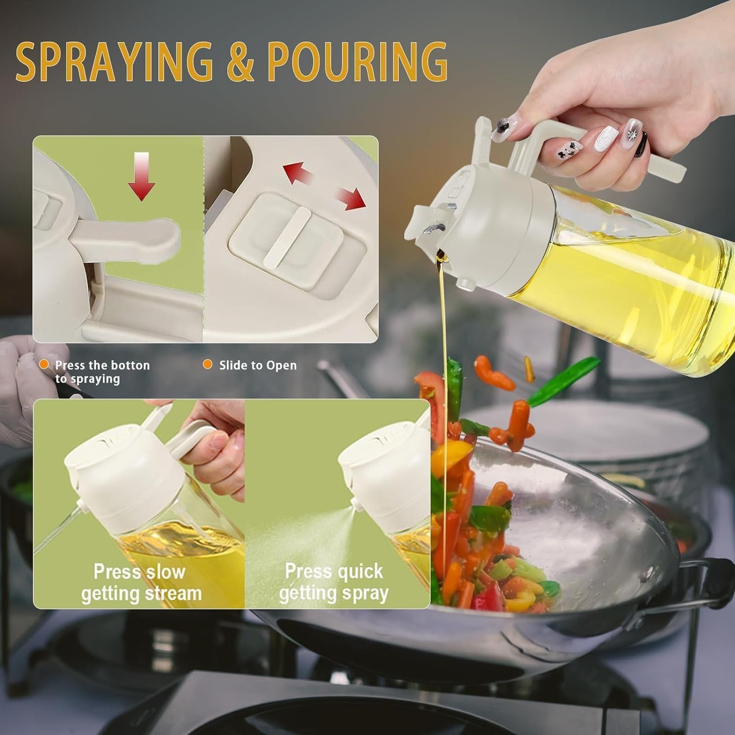 Glass Oil Sprayer & Dispenser Bottle 500ml | 2-in-1 Oil Dispenser for Kitchen Cooking | Olive Oil, Vinegar, Sauce & Dressing Spray Bottle | Leakproof, Refillable, Transparent Oil Container (Black)