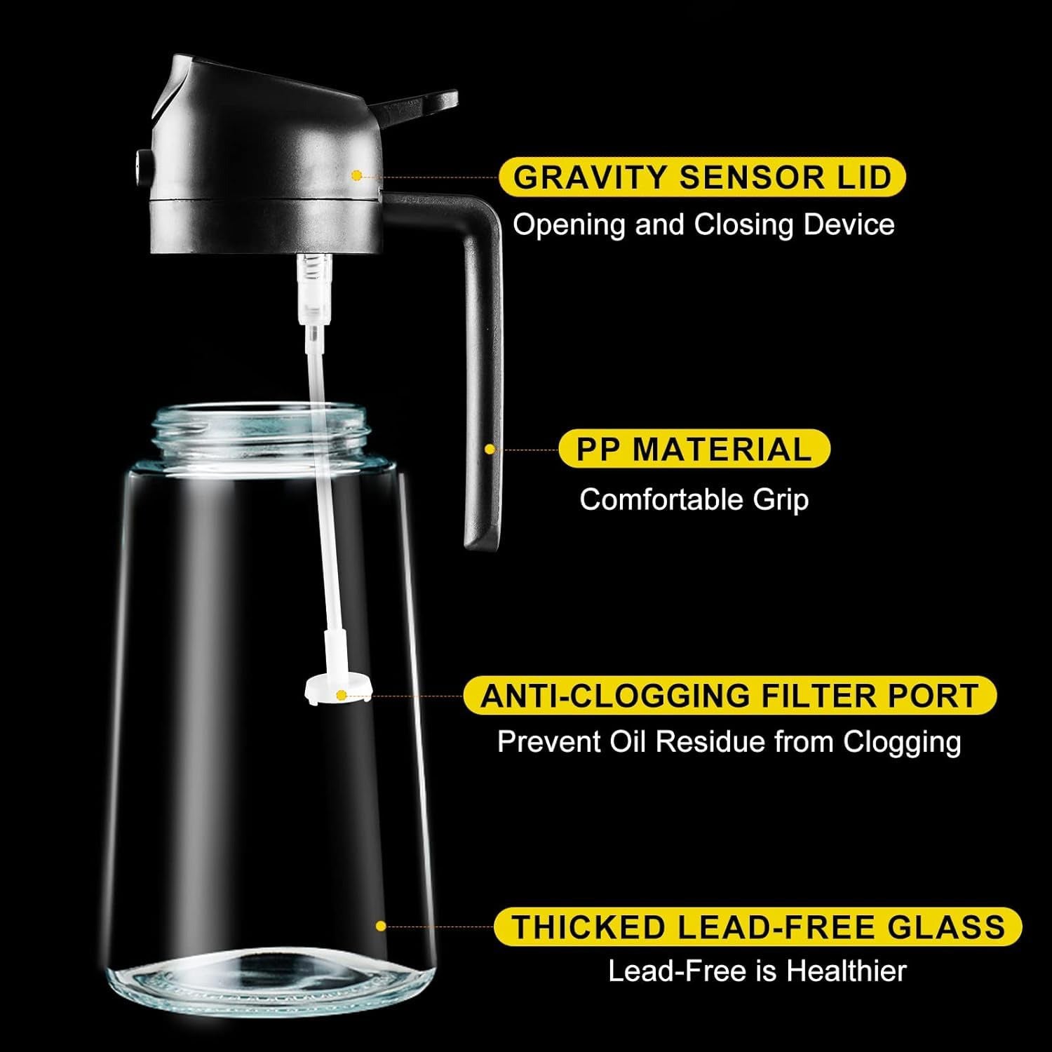 Glass Oil Sprayer & Dispenser Bottle 500ml | 2-in-1 Oil Dispenser for Kitchen Cooking | Olive Oil, Vinegar, Sauce & Dressing Spray Bottle | Leakproof, Refillable, Transparent Oil Container (Black)