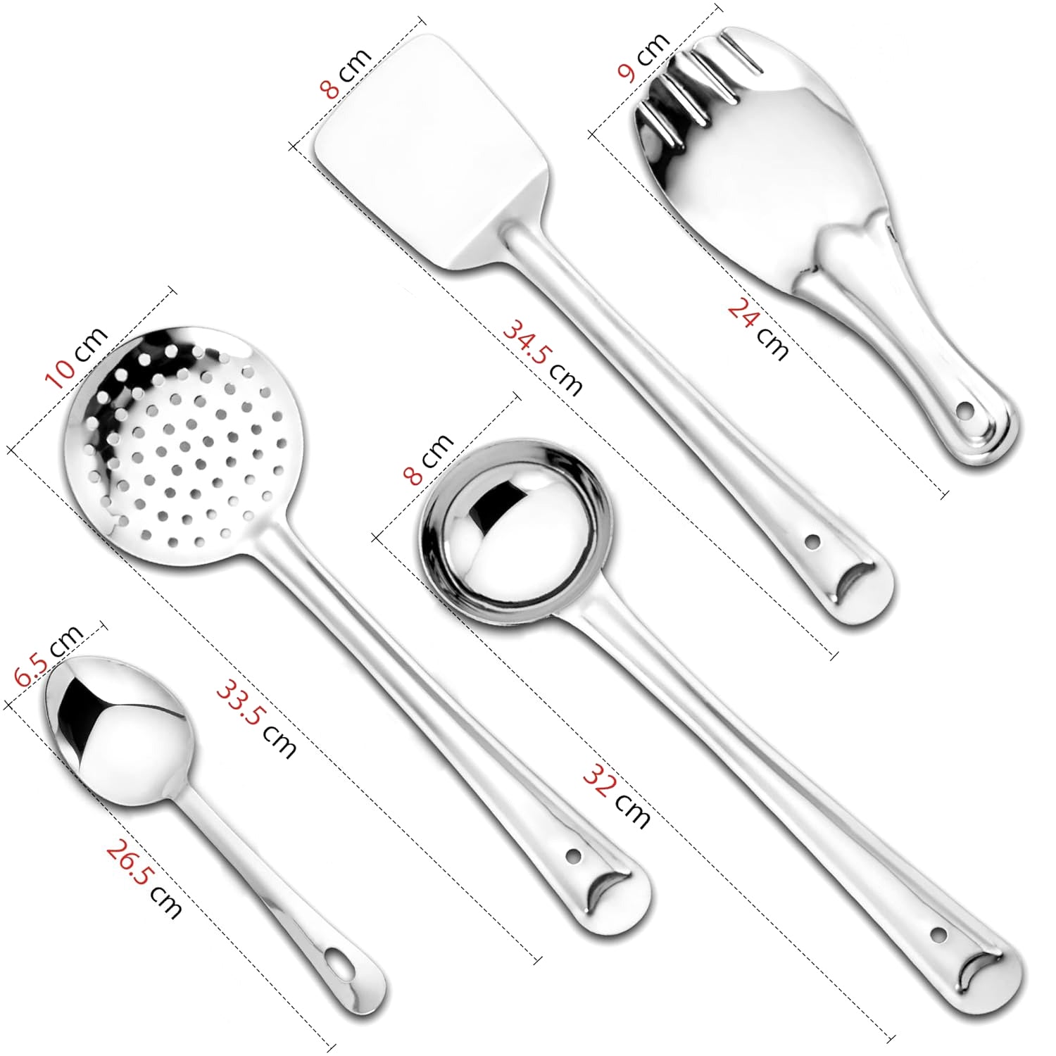 5 Pieces Stainless Steel Kitchen Tools Set for Cooking & Serving | Kitchen Utensils Pack of 5 – Ladle (Karchhi), Skimmer (Jhara), Turner/Spatula (Palta), Basting Spoon & Rice Spoon – Silver