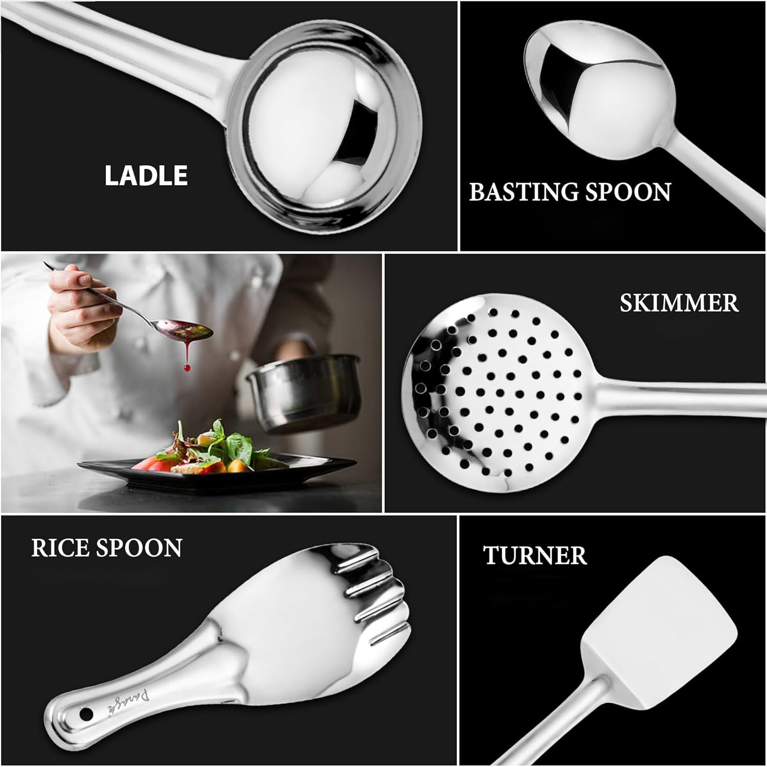 5 Pieces Stainless Steel Kitchen Tools Set for Cooking & Serving | Kitchen Utensils Pack of 5 – Ladle (Karchhi), Skimmer (Jhara), Turner/Spatula (Palta), Basting Spoon & Rice Spoon – Silver