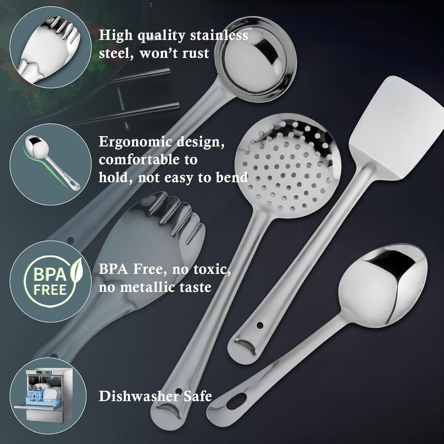 5 Pieces Stainless Steel Kitchen Tools Set for Cooking & Serving | Kitchen Utensils Pack of 5 – Ladle (Karchhi), Skimmer (Jhara), Turner/Spatula (Palta), Basting Spoon & Rice Spoon – Silver