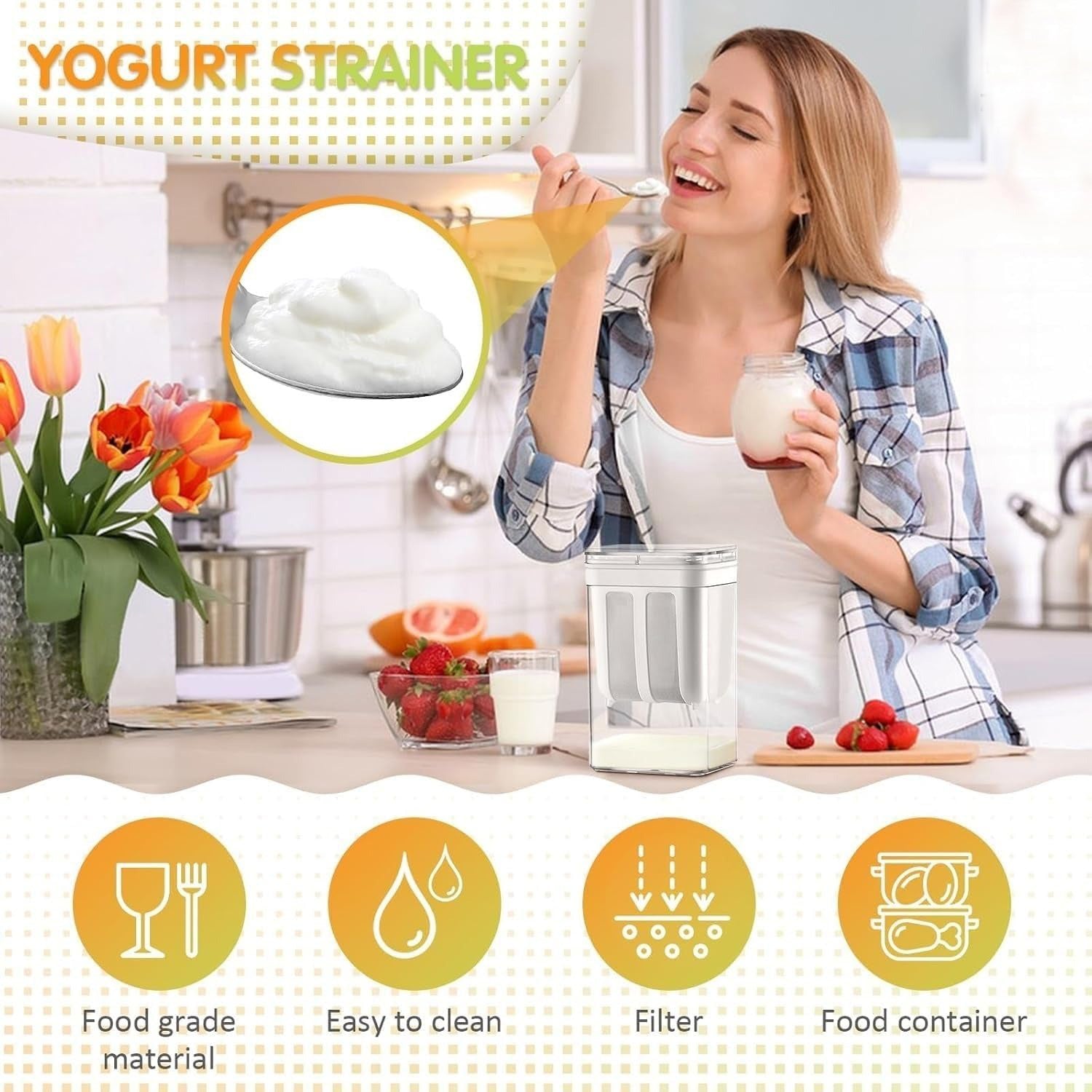 Plastic Greek Yogurt Maker & Hung Curd Strainer with Fine Mesh Lid, 1100ml – Homemade Yogurt, Curd, Cheese Separator, Whey Filter, Kitchen Essentials, Dairy Strainer, Easy Clean, White – Perfect for Healthy Recipes