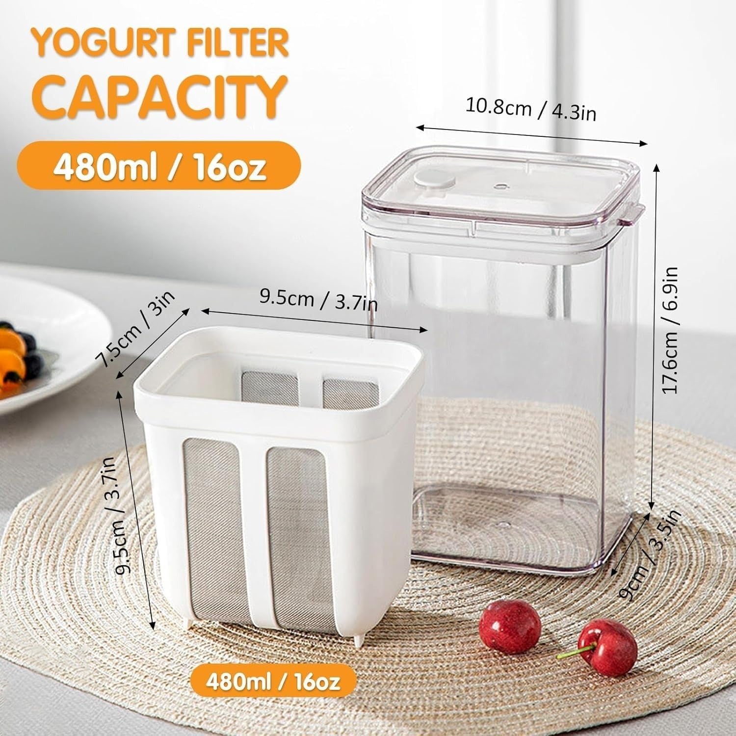 Plastic Greek Yogurt Maker & Hung Curd Strainer with Fine Mesh Lid, 1100ml – Homemade Yogurt, Curd, Cheese Separator, Whey Filter, Kitchen Essentials, Dairy Strainer, Easy Clean, White – Perfect for Healthy Recipes