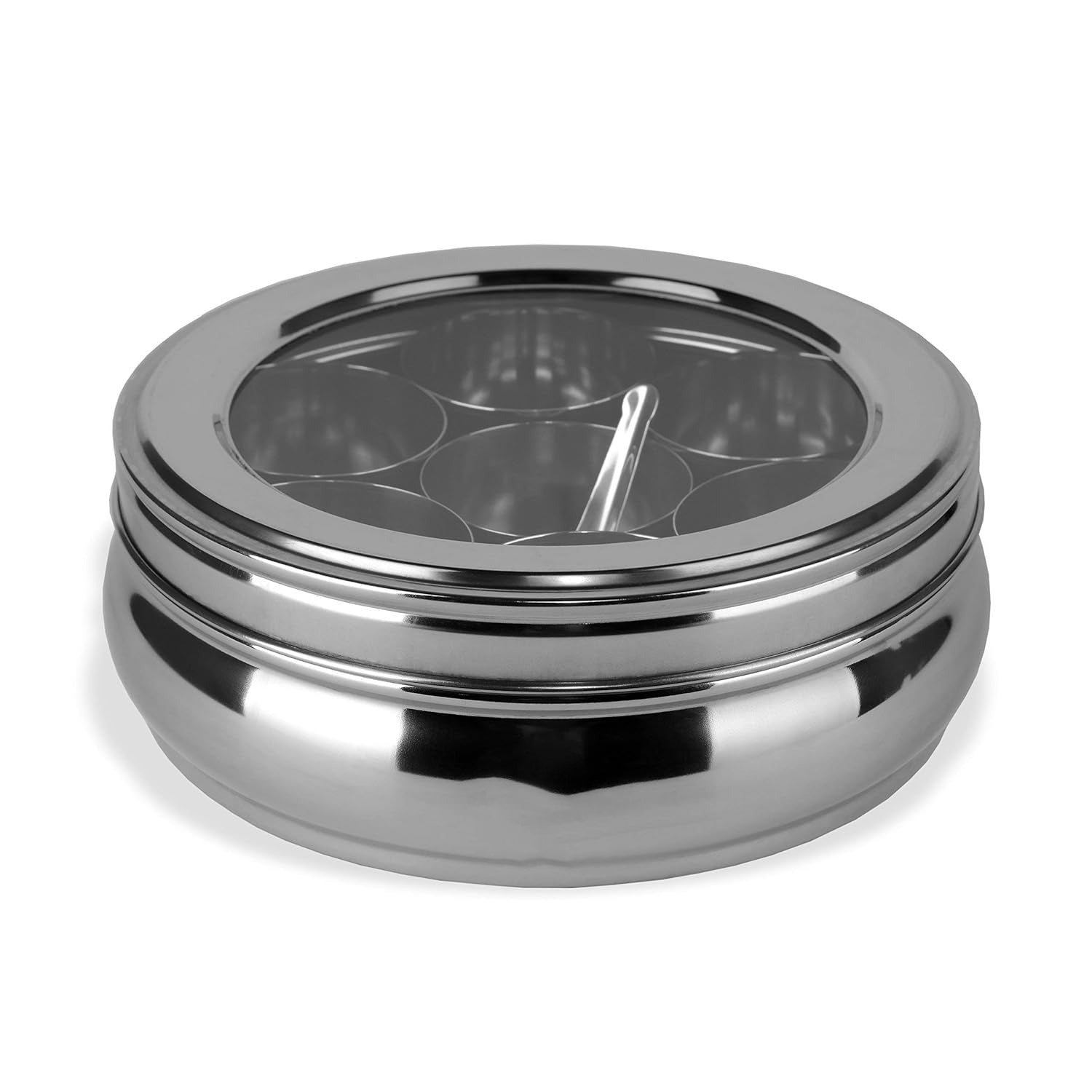 Stainless Steel Masala Box for Kitchen | Belly Shape Spice Box/Dabba/Organizer with See Through Lid | 7 Containers & Spoon | Small Masala Dabba for Storage, Spice Organizer, Indian Kitchen Essentials