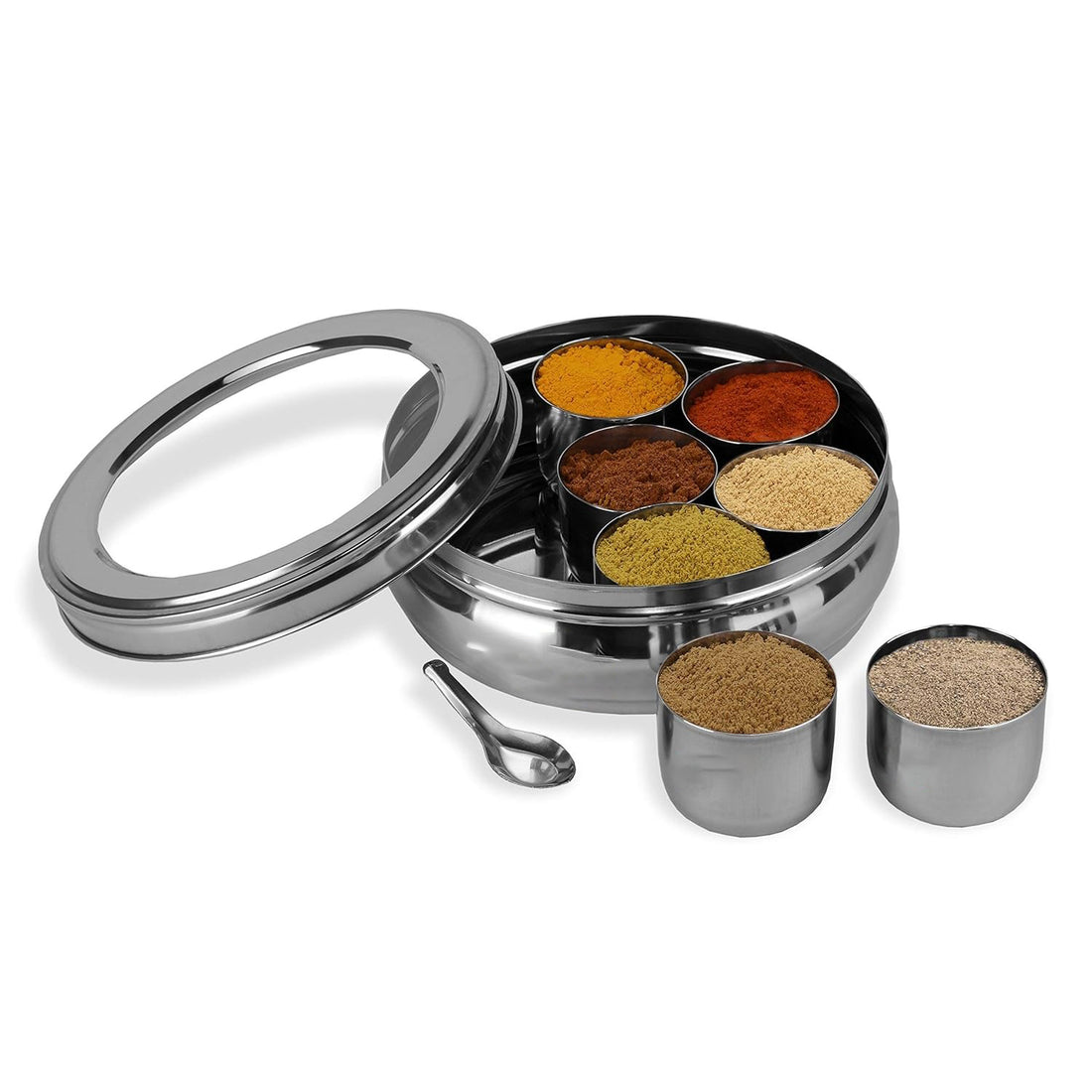 Stainless Steel Masala Box for Kitchen | Belly Shape Spice Box/Dabba/Organizer with See Through Lid | 7 Containers & Spoon | Small Masala Dabba for Storage, Spice Organizer, Indian Kitchen Essentials