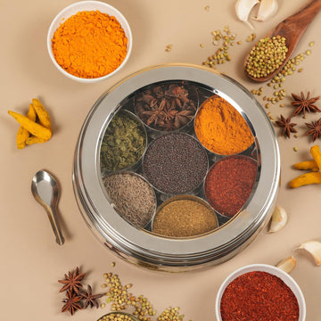 Stainless Steel Masala Box for Kitchen | Belly Shape Spice Box/Dabba/Organizer with See Through Lid | 7 Containers & Spoon | Small Masala Dabba for Storage, Spice Organizer, Indian Kitchen Essentials