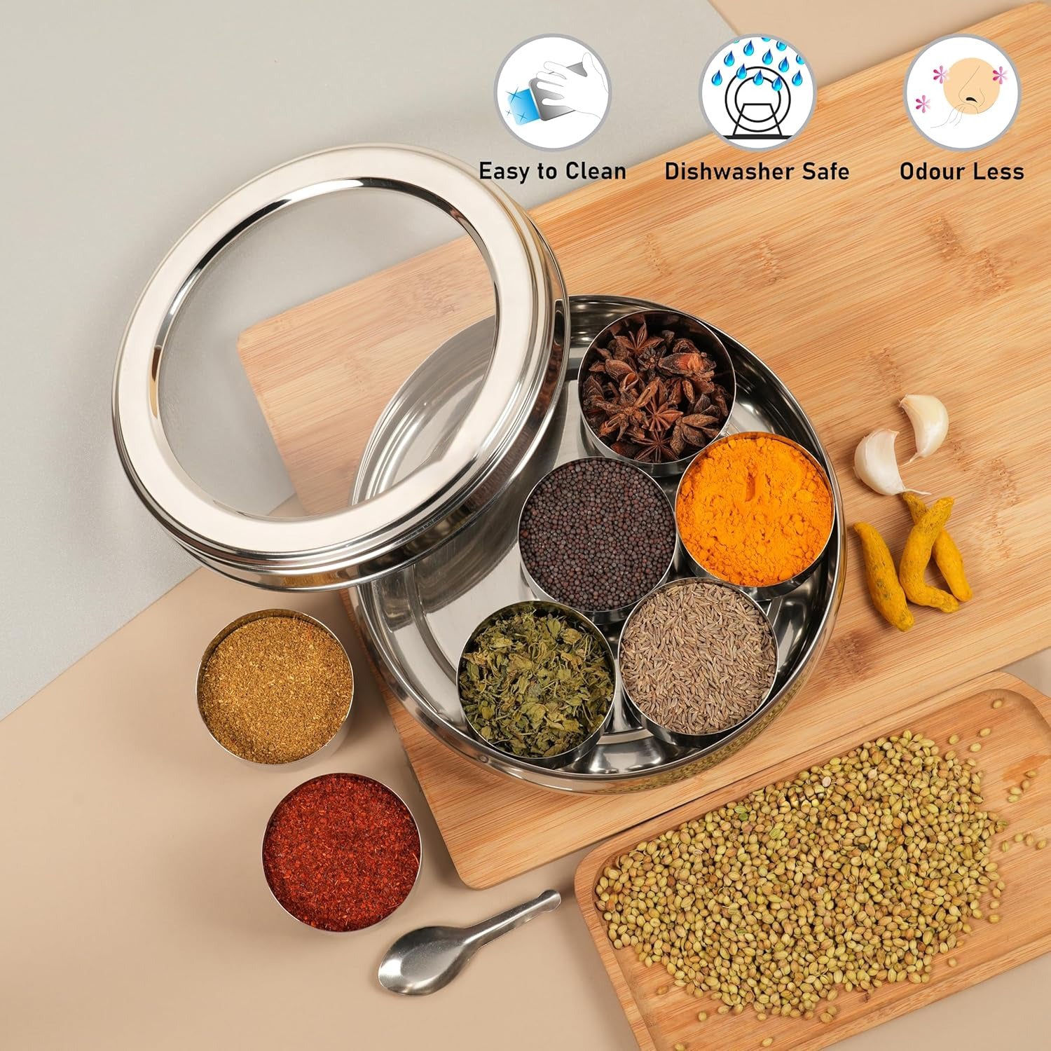 Stainless Steel Masala Box for Kitchen | Belly Shape Spice Box/Dabba/Organizer with See Through Lid | 7 Containers & Spoon | Small Masala Dabba for Storage, Spice Organizer, Indian Kitchen Essentials