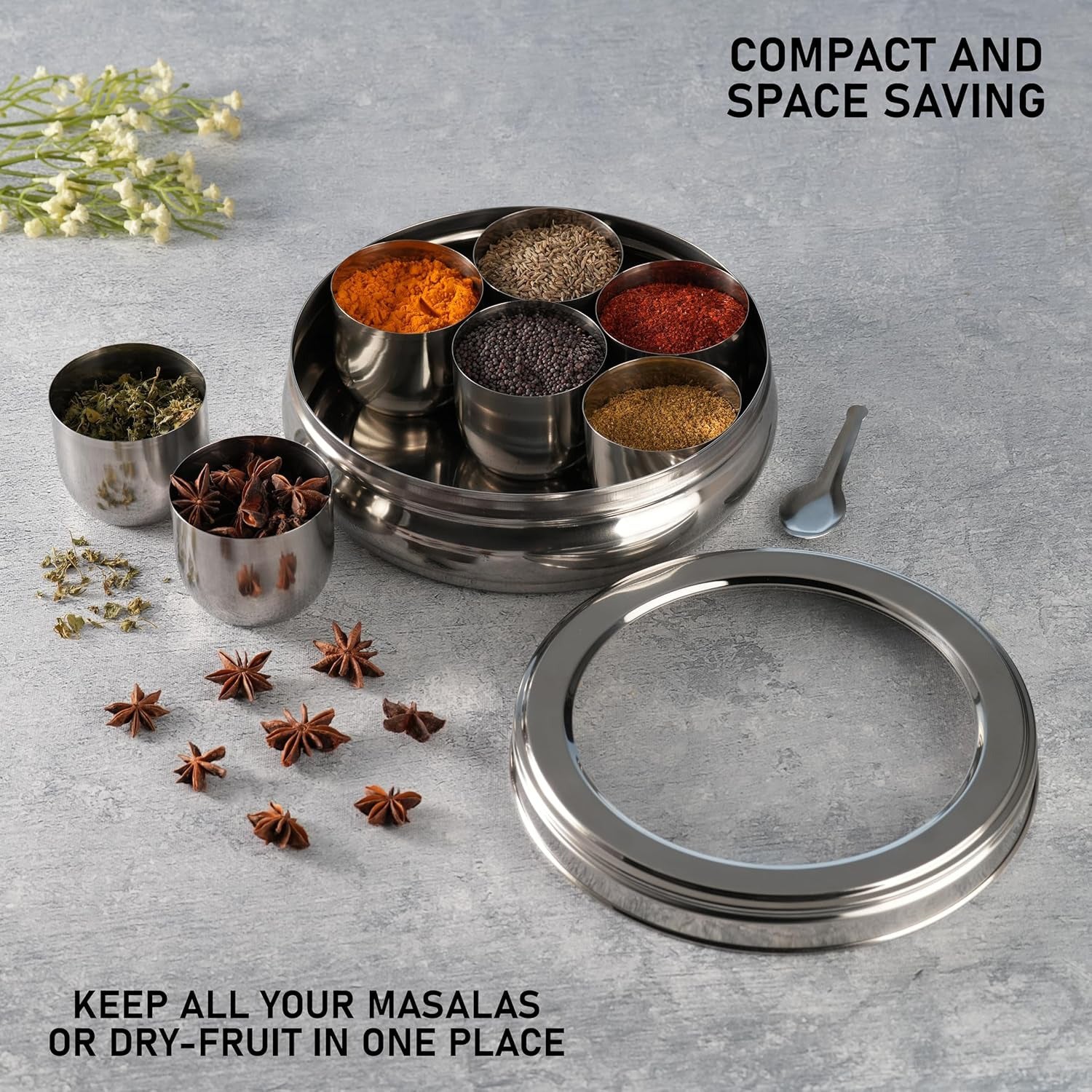 Stainless Steel Masala Box for Kitchen | Belly Shape Spice Box/Dabba/Organizer with See Through Lid | 7 Containers & Spoon | Small Masala Dabba for Storage, Spice Organizer, Indian Kitchen Essentials