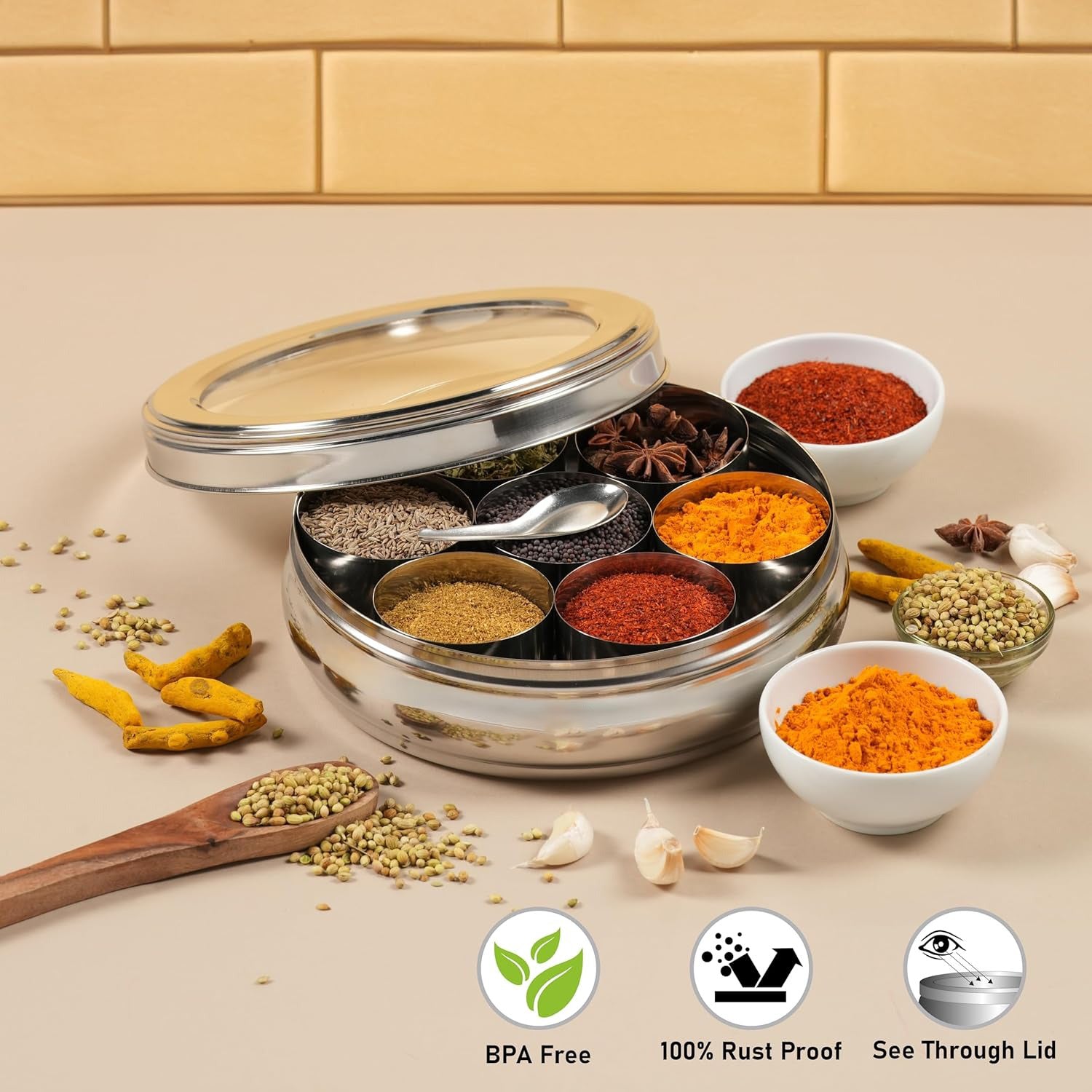 Stainless Steel Masala Box for Kitchen | Belly Shape Spice Box/Dabba/Organizer with See Through Lid | 7 Containers & Spoon | Small Masala Dabba for Storage, Spice Organizer, Indian Kitchen Essentials