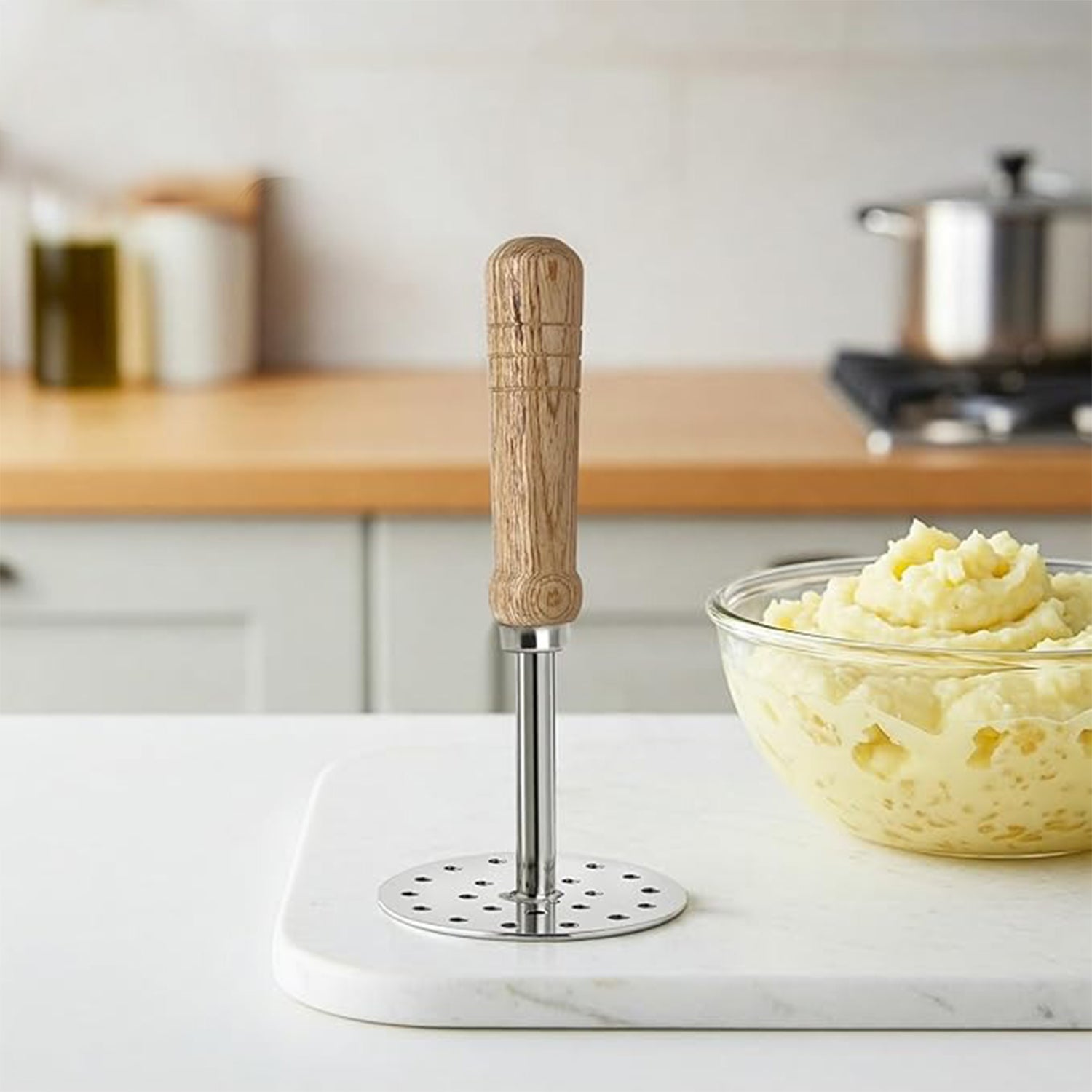 Stainless Steel Potato Masher with Wooden Handle – Size 3, 8.3 cm Diameter | Best for Mashing Potatoes, Vegetables, Pav Bhaji, Baby Food | Heavy Duty Kitchen Smasher | Easy Grip & Rustproof Essential
