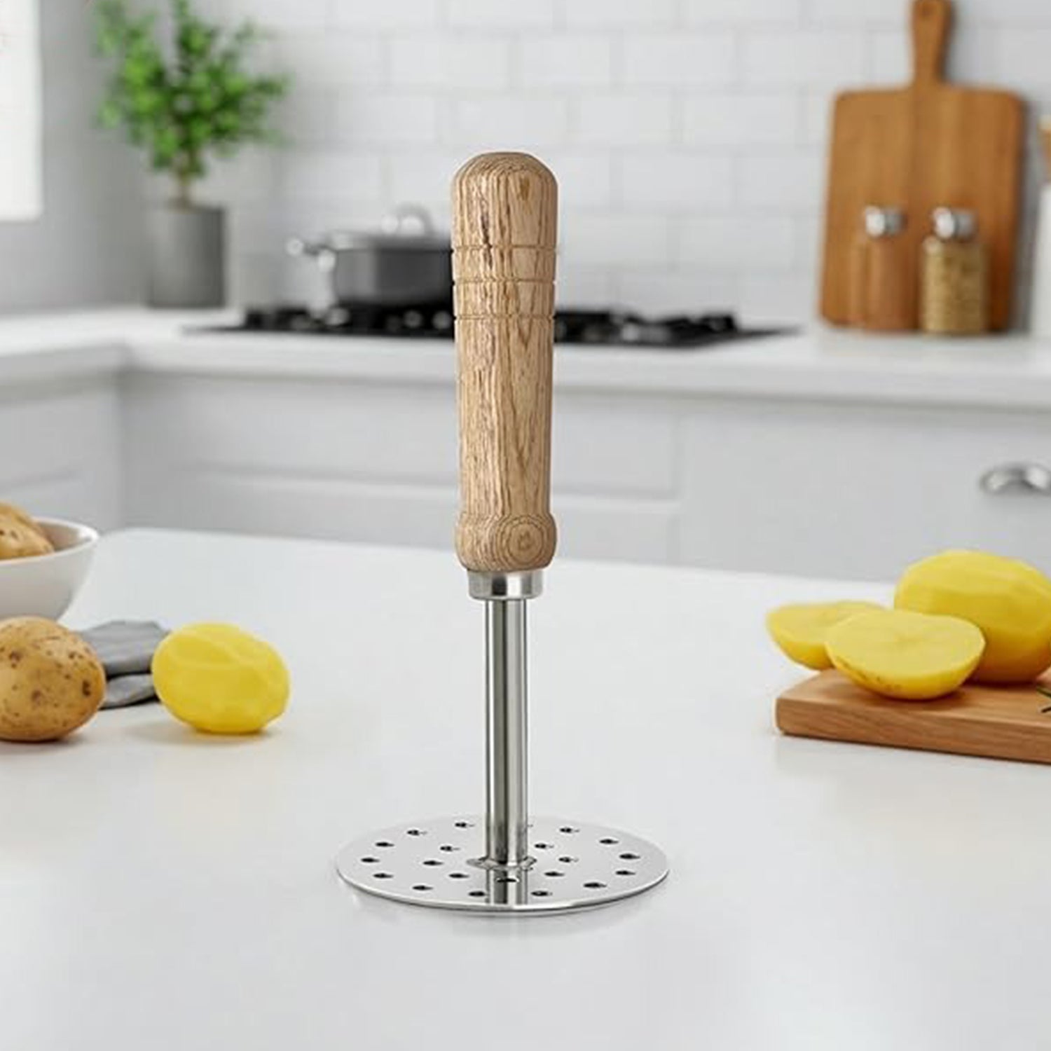 Stainless Steel Potato Masher with Wooden Handle – Size 3, 8.3 cm Diameter | Best for Mashing Potatoes, Vegetables, Pav Bhaji, Baby Food | Heavy Duty Kitchen Smasher | Easy Grip & Rustproof Essential