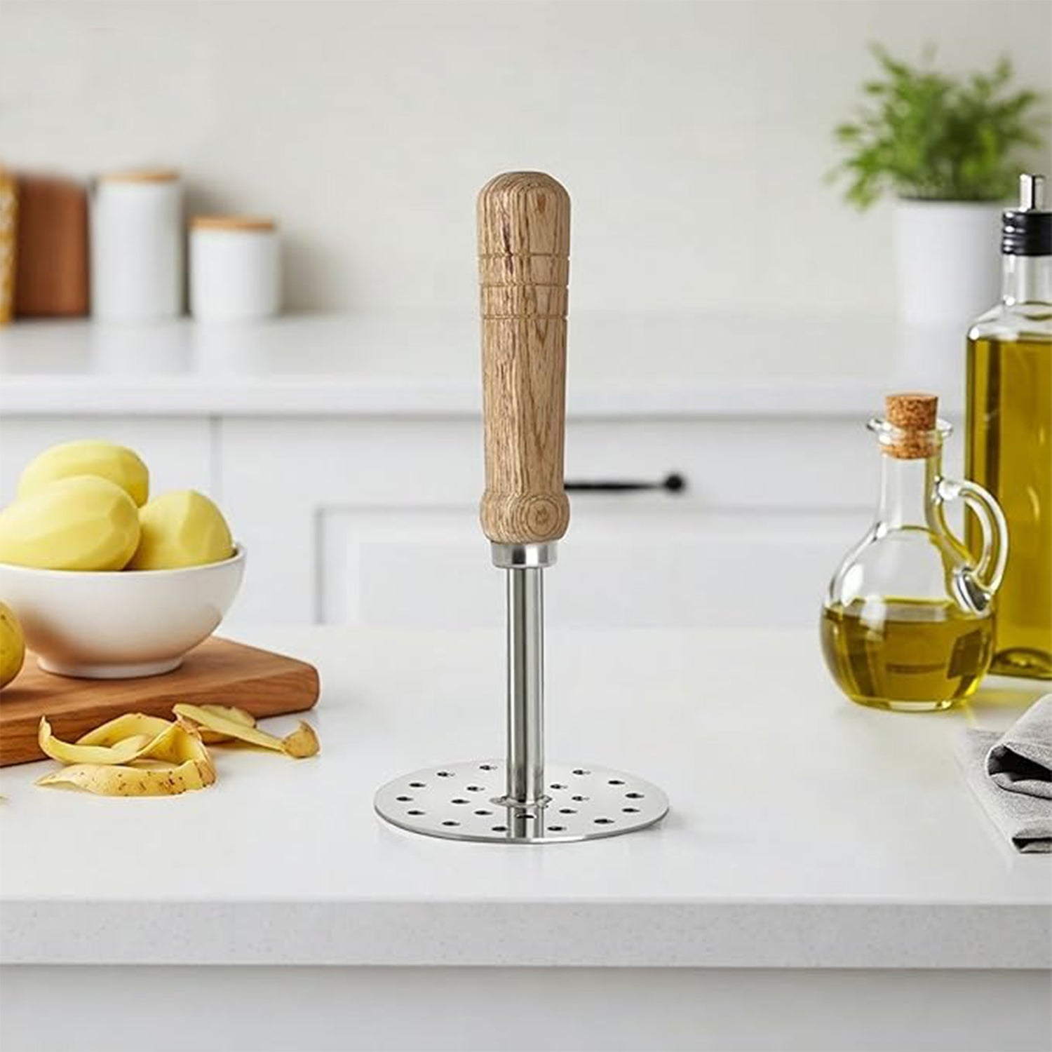 Stainless Steel Potato Masher with Wooden Handle – Size 3, 8.3 cm Diameter | Best for Mashing Potatoes, Vegetables, Pav Bhaji, Baby Food | Heavy Duty Kitchen Smasher | Easy Grip & Rustproof Essential