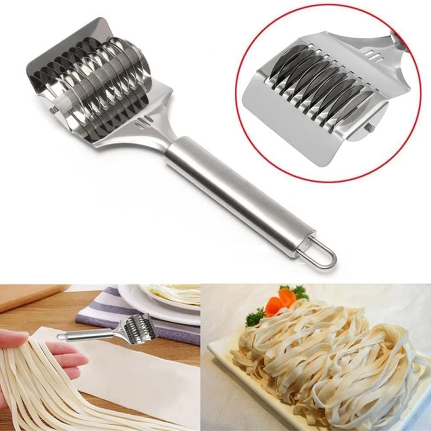 Stainless Steel Pasta Noodle Cutter – High Grade Stainless Steel Spaghetti Maker, Noodle Lattice Roller, Dough Cutter Mincer, Kitchen Cooking Tools for Homemade Pasta, Fresh Noodles, Easy & Durable