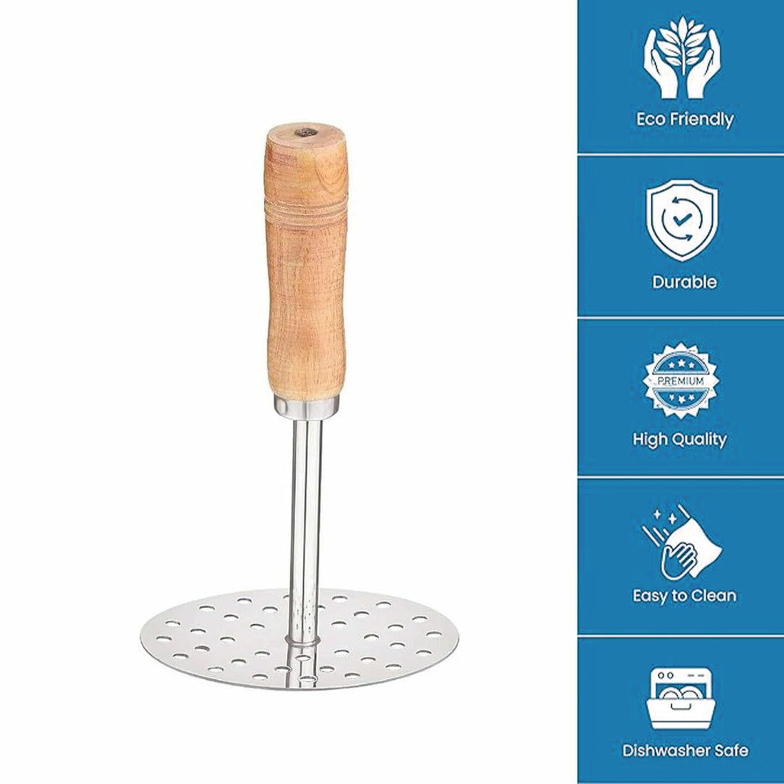 Stainless Steel Potato Masher with Wooden Handle Round | Size 4, 10cm Diameter | Best Kitchen Masher for Vegetables, Pav Bhaji, Baby Food | Durable Smasher Tool for Easy Mashing | Home & Cooking Essential