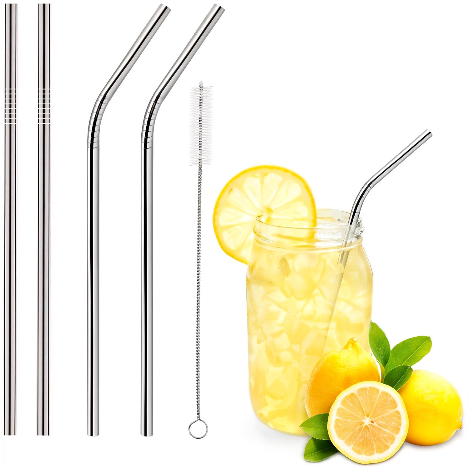 Reusable Stainless Steel Straws for Drinking | BPA-Free Metal Straws 8.5 Inch | 2 Bent + 2 Straight + 1 Brush Pack of 5