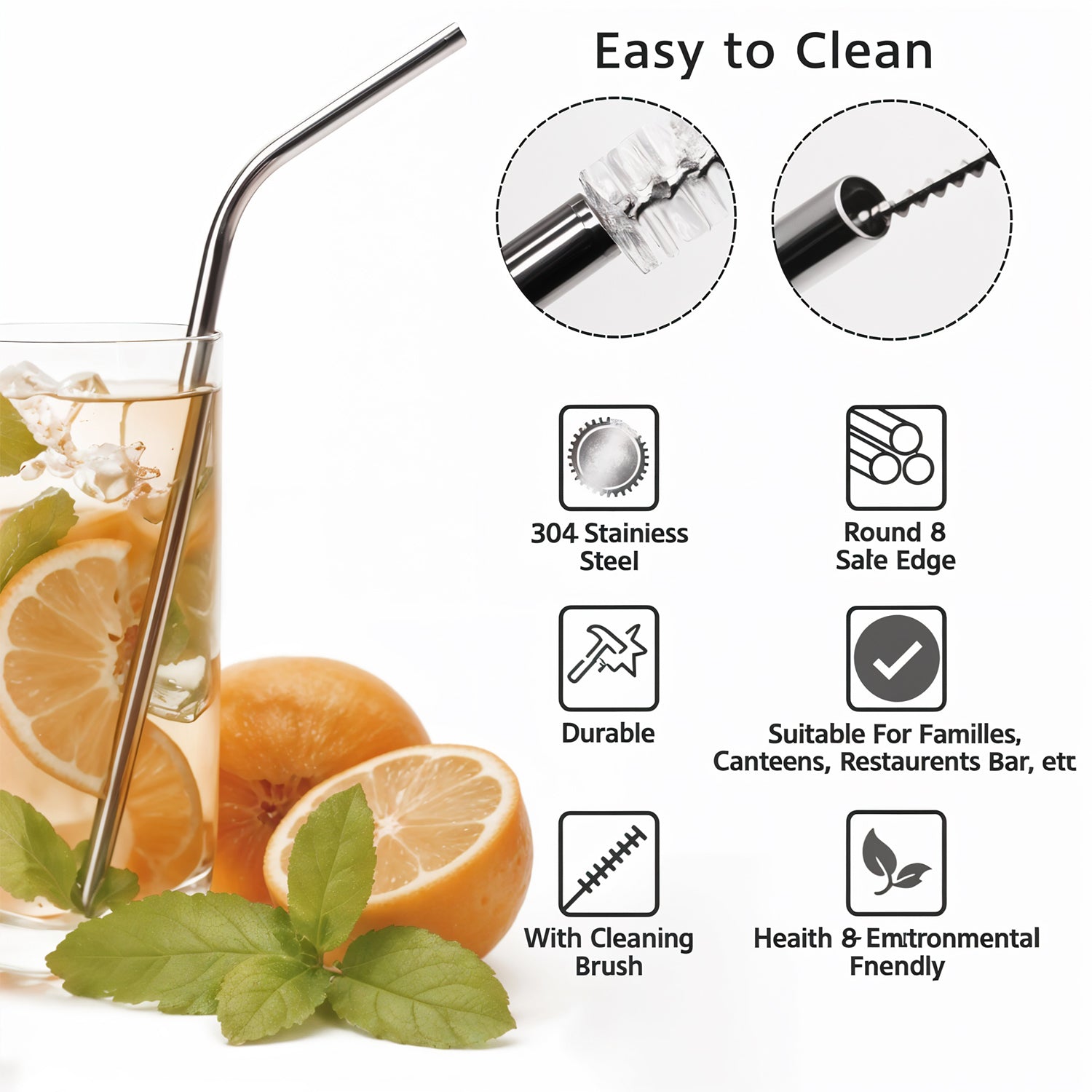 Reusable Stainless Steel Straws for Drinking | BPA-Free Metal Straws 8.5 Inch | 2 Bent + 2 Straight + 1 Brush Pack of 5