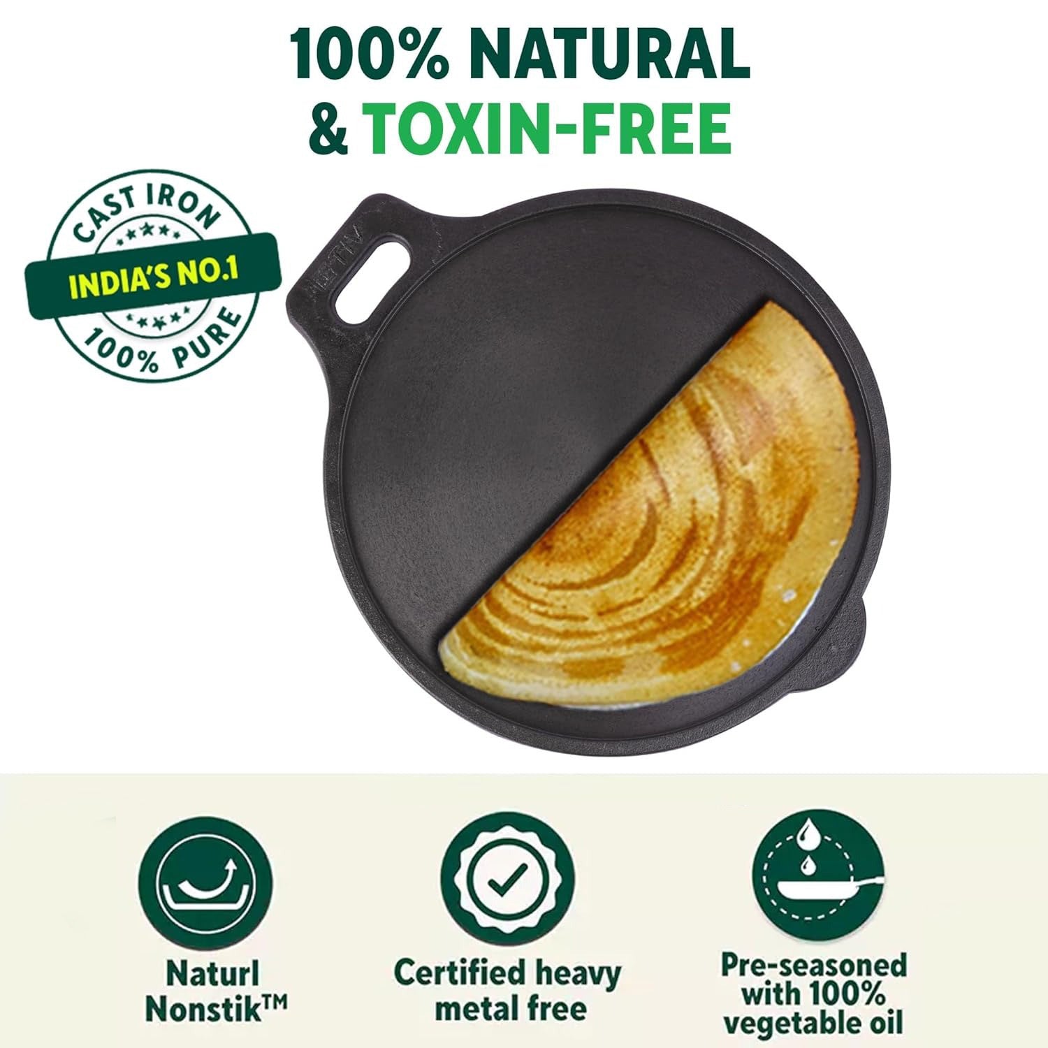 Iron Tawa for Dosa, Chapathi & Roti – 29cm Heavy Duty 2.7kg, Non-Stick Pre-Seasoned Cast Iron, Gas & Induction Stove Compatible, Long-Lasting, Toxin-Free, Chemical-Free, Black Indian Kitchen Essential