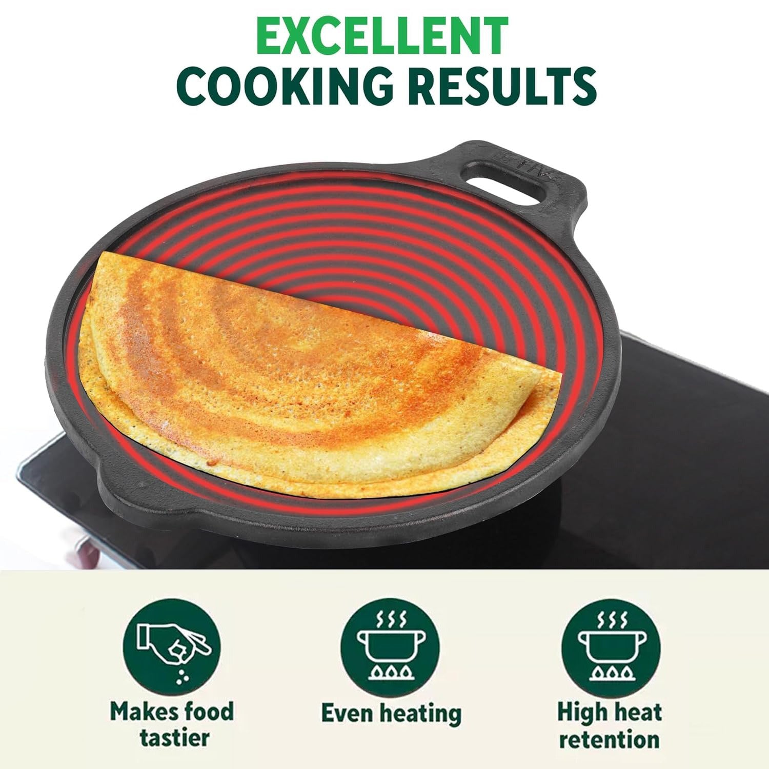 Iron Tawa for Dosa, Chapathi & Roti – 29cm Heavy Duty 2.7kg, Non-Stick Pre-Seasoned Cast Iron, Gas & Induction Stove Compatible, Long-Lasting, Toxin-Free, Chemical-Free, Black Indian Kitchen Essential