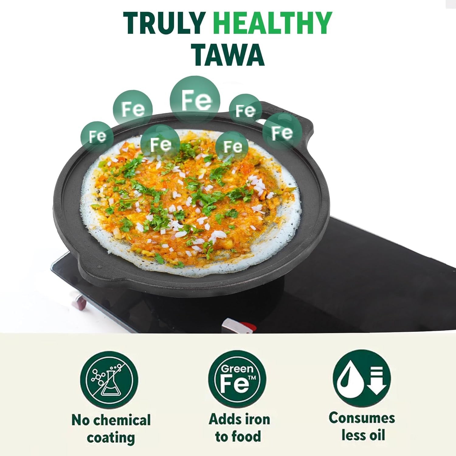 Iron Tawa for Dosa, Chapathi & Roti – 29cm Heavy Duty 2.7kg, Non-Stick Pre-Seasoned Cast Iron, Gas & Induction Stove Compatible, Long-Lasting, Toxin-Free, Chemical-Free, Black Indian Kitchen Essential