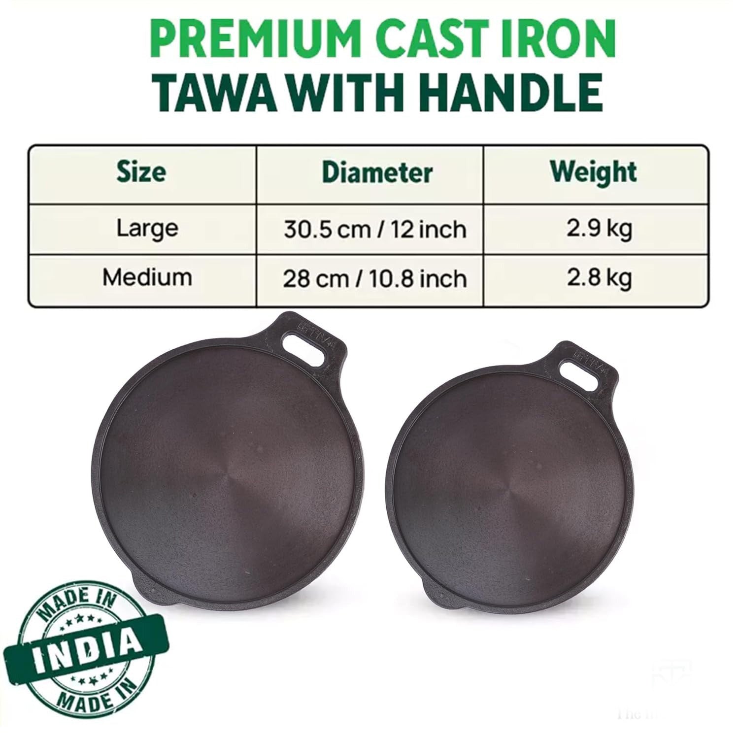Iron Tawa for Dosa, Chapathi & Roti – 29cm Heavy Duty 2.7kg, Non-Stick Pre-Seasoned Cast Iron, Gas & Induction Stove Compatible, Long-Lasting, Toxin-Free, Chemical-Free, Black Indian Kitchen Essential